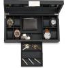 imageCo Watch and Sunglasses Box with Valet Tray for Men 14 Slot Luxury Display Case Organizer Black Carbon Fiber Design for Jewelry Watches Mens Storage Holder w Large Mirror Metal Buckle