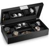 imageCo Watch and Sunglasses Box with Valet Tray for Men 14 Slot Luxury Display Case Organizer Black Carbon Fiber Design for Jewelry Watches Mens Storage Holder w Large Mirror Metal Buckle