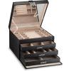 imageExtra Large Jewelry Box Organizer  42 Slot Holder w Modern Closure Drawer Big Mirror ampamp 4 Trays for Women  Storage Case for Earring Ring Necklace Bracelet Watch PU Leather Black