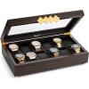 imageLarge 12 Slot Wooden Watch Box For Men  Modern Luxury Case with Gold Buckle ampamp Legs  Glass Display Storage  Mens Organizer  Black Leather Pillow Holder  Brown Walnut Wood12 Slot