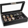 imageValet Jewelry Box for Men  Holds 6 Watches 12 cufflinks 2 Sunglasses ampamp Tray Storage  Mens Watch Case  CarbonFiber Organizer w Metal Accents PU Leather ampamp Large Glass Lid  BlackBlack