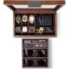 imageValet Jewelry Box for Men  Holds 6 Watches 12 cufflinks 2 Sunglasses ampamp Tray Storage  Mens Watch Case  CarbonFiber Organizer w Metal Accents PU Leather ampamp Large Glass Lid  BlackBrown