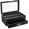 imageValet Jewelry Watch Box for Men  Carbon Fiber Texture Organizer with Glass Top Drawer ampamp Tray  Holder for Watches Cufflinks Sunglasses Tie Clips ampamp Accessories  Small Case  BlackBlack