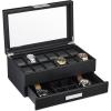 imageValet Jewelry Watch Box for Men  Carbon Fiber Texture Organizer with Glass Top Drawer ampamp Tray  Holder for Watches Cufflinks Sunglasses Tie Clips ampamp Accessories  Small Case  BlackBlack