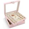 imageCo 28 Section Jewelry Box  2 Layer  Buckle Snap ampamp Magnet Closure  Large Mirror  Pu Leather  Black  Jewelry Organizer for Women ampamp Girls  Holder for Earring Ring Necklace ampamp BraceletSoft Pink Glass Top
