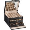imageEarring Organizer Holder  50 Small ampamp 4 Large Slots Classic Jewelry box with Drawer ampamp Modern Closure Mirror 3 Trays for Earrings Ring or Chain Storage  PU Leather Case  Black