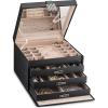 imageExtra Large Jewelry Box Organizer  42 Slot Holder w Modern Closure Drawer Big Mirror ampamp 4 Trays for Women  Storage Case for Earring Ring Necklace Bracelet Watch PU Leather Black