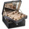 imageJewelry Box Organizer  Small 17 Slot Classic Holder with Modern Closure Large Mirror 2 Trays for Women Girls ampamp Teens  Storage Case for Earring Ring Necklace Bracelet  PU Leather Black