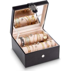 imageBracelet Jewelry Box with 2 Removable Rolls  Holder stores Bracelets Bangles ampamp Watches  Organizer w Metal Closure  Large Mirror  PU Leather  Display on Stand or Dresser  Black