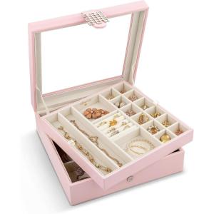 imageCo 28 Section Jewelry Box  2 Layer  Buckle Snap ampamp Magnet Closure  Large Mirror  Pu Leather  Black  Jewelry Organizer for Women ampamp Girls  Holder for Earring Ring Necklace ampamp BraceletSoft Pink Glass Top