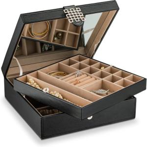 imageCo 28 Section Jewelry Box  2 Layer  Buckle Snap ampamp Magnet Closure  Large Mirror  Pu Leather  Black  Jewelry Organizer for Women ampamp Girls  Holder for Earring Ring Necklace ampamp BraceletBlack