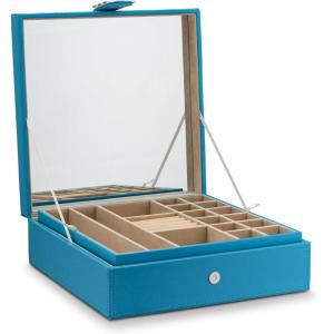 imageCo Jewelry Box  28 Section Organizer with Modern Buckle Closure Large Mirror ampamp 2 Trays for Women Teens and Girls  Holder for Earring Ring Necklace Bracelet ampamp Watch  PU Leather  Blue