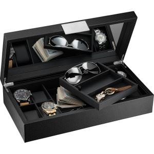 imageCo Watch and Sunglasses Box with Valet Tray for Men 14 Slot Luxury Display Case Organizer Black Carbon Fiber Design for Jewelry Watches Mens Storage Holder w Large Mirror Metal Buckle
