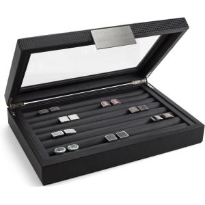 imageCufflink Box for Men  Holds 70 Cufflinks  Luxury Display Jewelry Case Design  Metal Buckle Holder Large Glass TopBlack