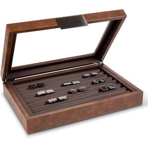 imageCufflink Box for Men  Holds 70 Cufflinks  Luxury Display Jewelry Case Design  Metal Buckle Holder Large Glass TopBrown