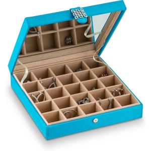 imageEarring Organizer  Classic 25 Section Jewelry BoxCaseHolder for Earrings Rings Necklaces Jewelry Cufflinks or Collections 25 Small Compartments with Elegant Large Mirror  BlackBlue