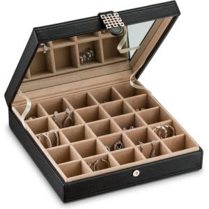 imageEarring Organizer  Classic 25 Section Jewelry BoxCaseHolder for Earrings Rings Necklaces Jewelry Cufflinks or Collections 25 Small Compartments with Elegant Large Mirror  BlackBlack