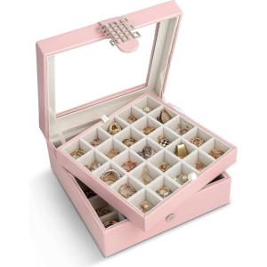 imageEarring Organizer  Classic 50 Section Jewelry BoxCaseHolder for Earrings Rings Necklaces Jewelry Cufflinks or Collections 2 Layer Small Compartments with Large Mirror  BlackSoft Pink GlassTop