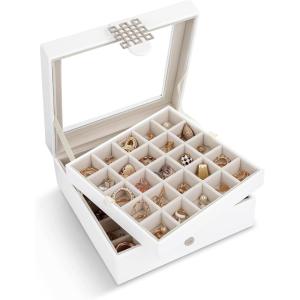 imageEarring Organizer  Classic 50 Section Jewelry BoxCaseHolder for Earrings Rings Necklaces Jewelry Cufflinks or Collections 2 Layer Small Compartments with Large Mirror  BlackWhite Glass Top