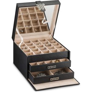 imageEarring Organizer Holder  50 Small ampamp 4 Large Slots Classic Jewelry box with Drawer ampamp Modern Closure Mirror 3 Trays for Earrings Ring or Chain Storage  PU Leather Case  Black