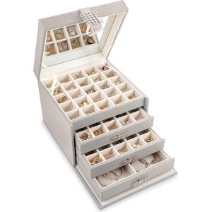 imageEarring Organizer Holder  75 Small ampamp 4 Large Slots Classic Jewelry Box with Drawer ampamp Modern Closure Mirror 4 Trays Earrings Ring or Chain Storage  PU Leather Case  BlackGrey