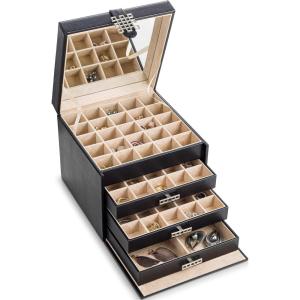 imageEarring Organizer Holder  75 Small ampamp 4 Large Slots Classic Jewelry Box with Drawer ampamp Modern Closure Mirror 4 Trays Earrings Ring or Chain Storage  PU Leather Case  BlackBlack