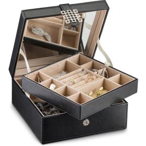 imageJewelry Box Organizer  Small 17 Slot Classic Holder with Modern Closure Large Mirror 2 Trays for Women Girls ampamp Teens  Storage Case for Earring Ring Necklace Bracelet  PU Leather Black