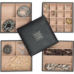 imageJewelry Organizer Tray  Set of 2  Stackable Empty 2 Inch Deep Jewelry Storage Trays wo dividers  Display on Dresser or Drawer  Compatible with Other Glenor Trays  BlackSquare  4 Trays  Lid Set  27 Slots