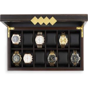 imageLarge 12 Slot Wooden Watch Box For Men  Modern Luxury Case with Gold Buckle ampamp Legs  Glass Display Storage  Mens Organizer  Black Leather Pillow Holder  Brown Walnut Wood12 Slot