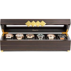 imageLarge 12 Slot Wooden Watch Box For Men  Modern Luxury Case with Gold Buckle ampamp Legs  Glass Display Storage  Mens Organizer  Black Leather Pillow Holder  Brown Walnut Wood6 Slot