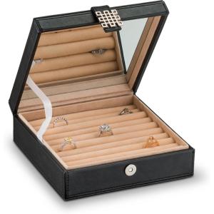 imageRing Box Organizer  54 Slot Classic Jewelry Display Case Holder  Storage Tray with Modern Buckle Closure Large Mirror  for Rings and Cufflinks  Small for Travel  PU leather  Black54 Slots