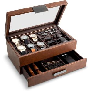 imageValet Jewelry Box for Men  Holds 6 Watches 12 cufflinks 2 Sunglasses Drawer ampamp Tray Storage  Watch Case  Carbon Fiber design Organizer w Metal Accents ampamp Large Glass Lid  BlackBrown