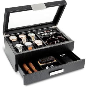 imageValet Jewelry Box for Men  Holds 6 Watches 12 cufflinks 2 Sunglasses Drawer ampamp Tray Storage  Watch Case  Carbon Fiber design Organizer w Metal Accents ampamp Large Glass Lid  BlackBlack