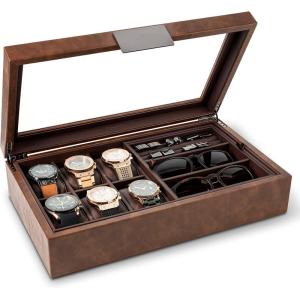 imageValet Jewelry Box for Men  Holds 6 Watches 12 cufflinks 2 Sunglasses ampamp Tray Storage  Mens Watch Case  CarbonFiber Organizer w Metal Accents PU Leather ampamp Large Glass Lid  BlackBrown