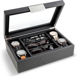 imageValet Jewelry Box for Men  Holds 6 Watches 12 cufflinks 2 Sunglasses ampamp Tray Storage  Mens Watch Case  CarbonFiber Organizer w Metal Accents PU Leather ampamp Large Glass Lid  BlackBlack