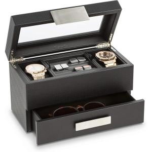 imageValet Jewelry Watch Box for Men  Carbon Fiber Texture Organizer with Glass Top Drawer ampamp Tray  Holder for Watches Cufflinks Sunglasses Tie Clips ampamp Accessories  Small Case  BlackBlack