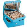 imageJewelry Box Organizer  Small 17 Slot Classic Holder with Modern Closure Large Mirror 2 Trays for Women Girls ampamp Teens  Storage Case for Earring Ring Necklace Bracelet  PU Leather Blue