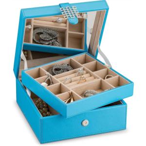 imageJewelry Box Organizer  Small 17 Slot Classic Holder with Modern Closure Large Mirror 2 Trays for Women Girls ampamp Teens  Storage Case for Earring Ring Necklace Bracelet  PU Leather Blue