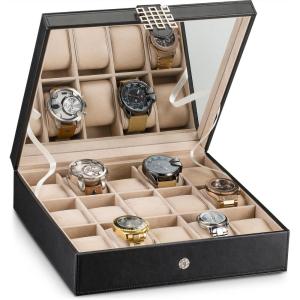 imageWatch Box  15 Slot Classic Watch Case Display Organizer with Modern Buckle Black