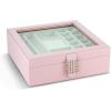 imageCo 28 Section Jewelry Box  2 Layer  Buckle Snap ampamp Magnet Closure  Large Glass Top  Leather Design  Sand  Jewelry Organizer for Women ampamp Girls  for Earring Ring Necklace ampamp BraceletSoft Pink Glass Top