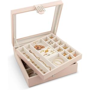 imageCo 28 Section Jewelry Box  2 Layer  Buckle Snap ampamp Magnet Closure  Large Glass Top  Leather Design  Sand  Jewelry Organizer for Women ampamp Girls  for Earring Ring Necklace ampamp BraceletSand Glass Top