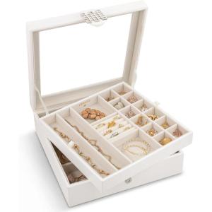 imageCo 28 Section Jewelry Box  2 Layer  Buckle Snap ampamp Magnet Closure  Large Glass Top  Leather Design  Sand  Jewelry Organizer for Women ampamp Girls  for Earring Ring Necklace ampamp BraceletWhite Glass Top