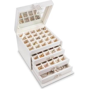 imageEarring Organizer Holder  75 Small ampamp 4 Large Slots Classic Jewelry Box with Drawer ampamp Modern Closure Mirror 4 Trays Earrings Ring or Chain Storage  PU Leather Case  WhiteWhite