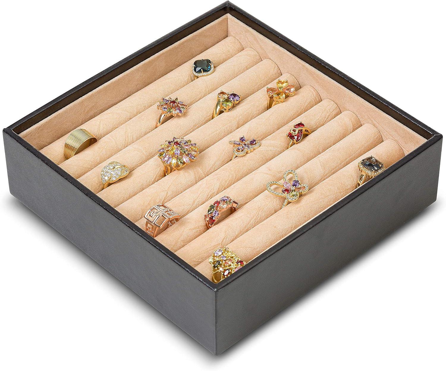 imageJewelry Organizer Tray  Set of 2  Stackable Empty Jewelry Storage Trays wo Dividers  Display on Dresser or Drawer  Compatible with Other Glenor Trays  BlackSquare  Ring Slot