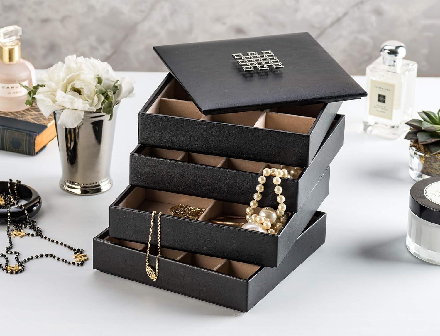 imageJewelry Organizer Tray  Set of 2  Stackable Empty Jewelry Storage Trays wo Dividers  Display on Dresser or Drawer  Compatible with Other Glenor Trays  BlackSquare  4 Trays  Lid Set  45 Slots