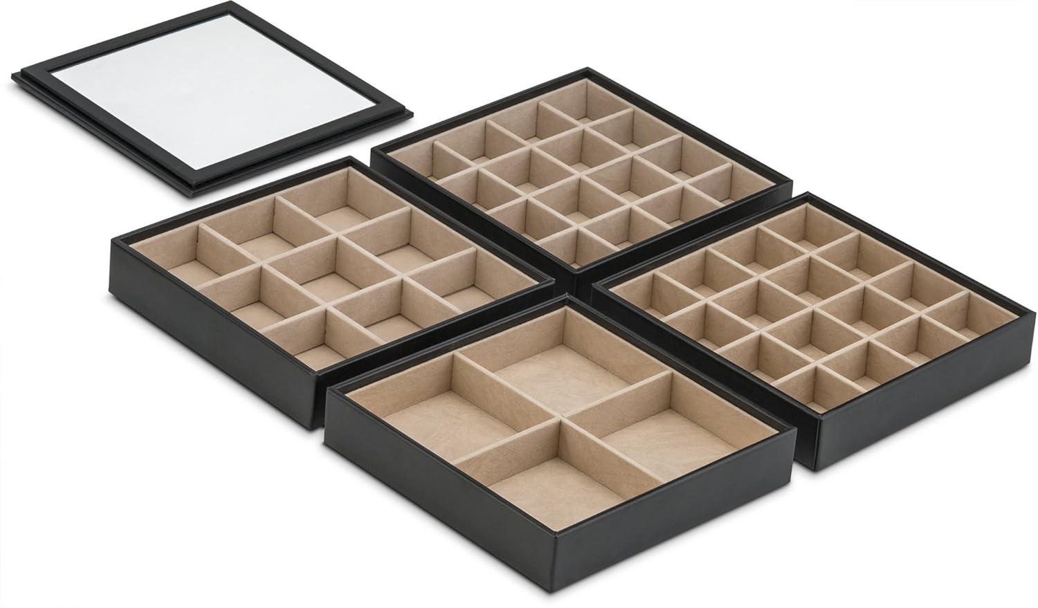 imageJewelry Organizer Tray  Set of 2  Stackable Empty Jewelry Storage Trays wo Dividers  Display on Dresser or Drawer  Compatible with Other Glenor Trays  BlackSquare  4 Trays  Lid Set  45 Slots