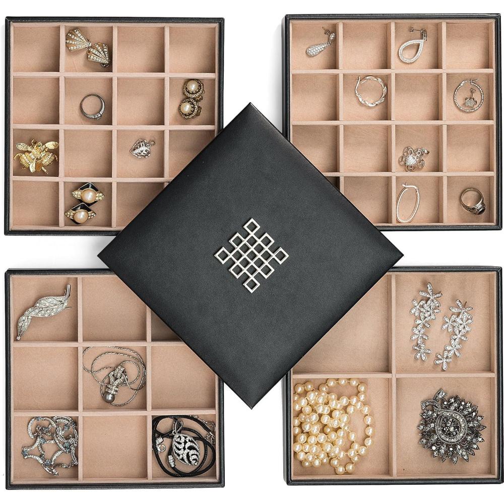 imageJewelry Organizer Tray  Set of 2  Stackable Empty Jewelry Storage Trays wo Dividers  Display on Dresser or Drawer  Compatible with Other Glenor Trays  BlackSquare  4 Trays  Lid Set  45 Slots