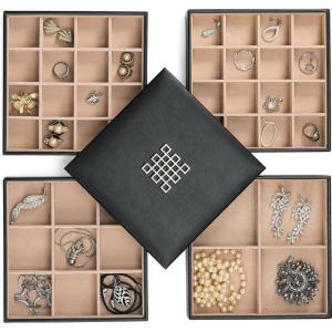 imageJewelry Organizer Tray  Set of 2  Stackable Empty Jewelry Storage Trays wo Dividers  Display on Dresser or Drawer  Compatible with Other Glenor Trays  BlackSquare  4 Trays  Lid Set  45 Slots