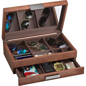 imageGlenor Co Mens ValetDresser Organizer  Luxury 12 Slot Jewelry Accessories Box Carbon Fiber Design Drawer Tray Metal Buckle ampamp Large Mirror for Mens Watches Sunglasses Wallet  Pu Leather BrownBrown